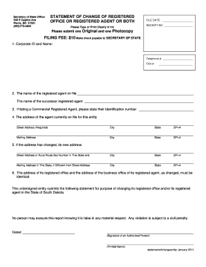 South Dakota Statement of Change of Registered Office or Agent