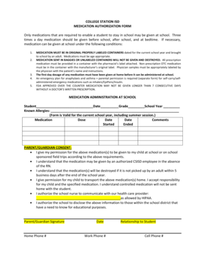 College Station ISD Medication Authorization Form
