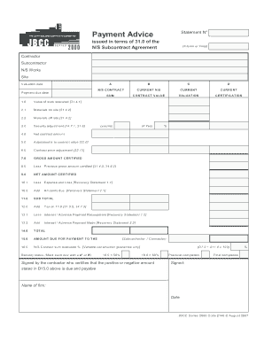 Payment Advice Statement for N/S Subcontract Agreement