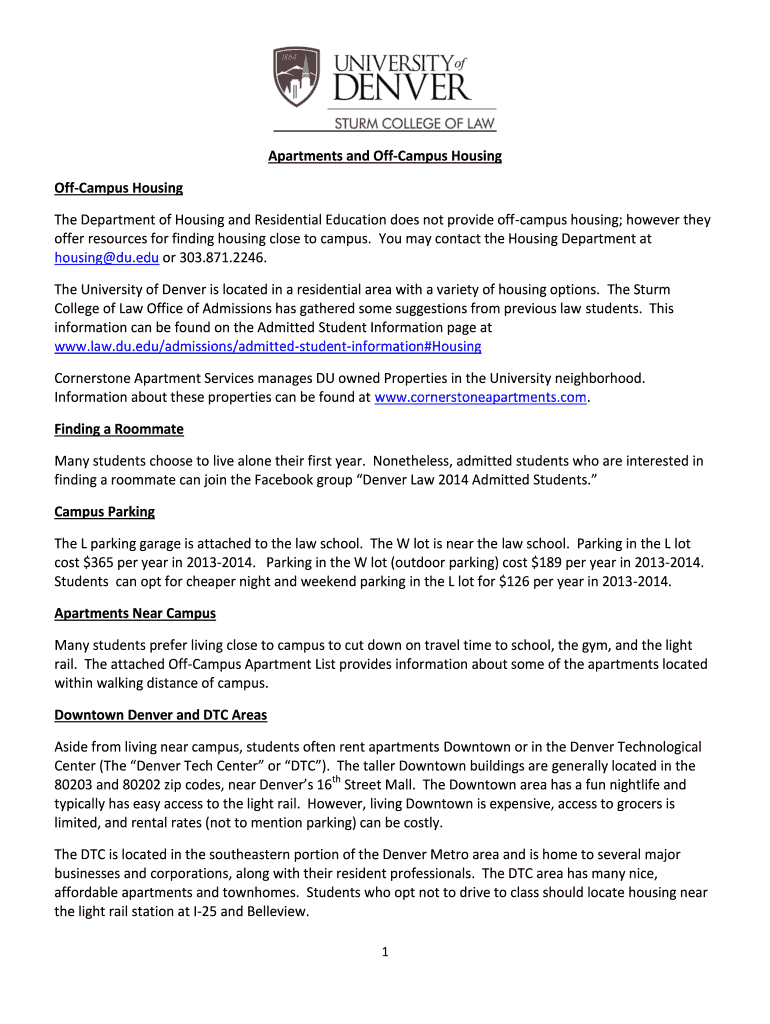 Fillable Online law du Apartments and OffCampus Housing OffCampus