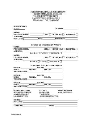 Fayetteville Police Department House Check Form