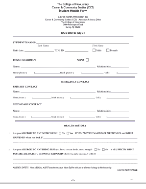 The College of New Jersey Student Health Form