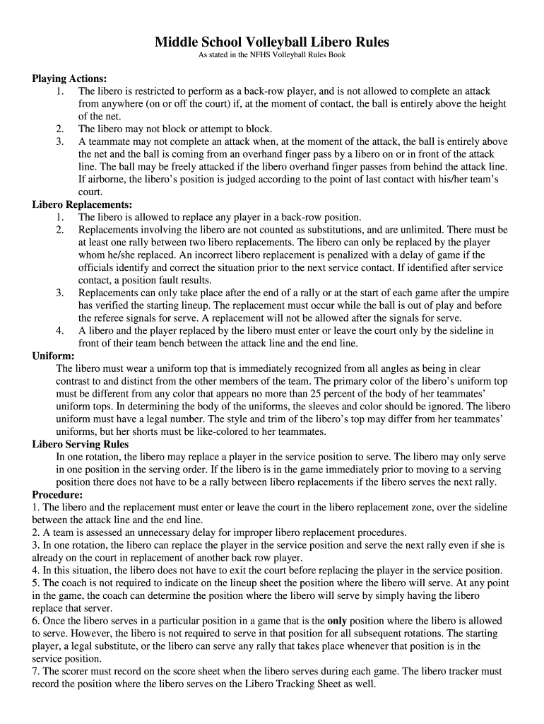 Fillable Online Middle School Volleyball Libero Rules Fax Email Print pdfFiller