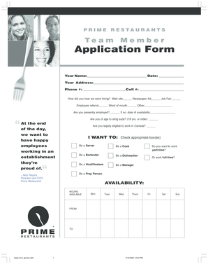 Prime Restaurants Team Member Application Form