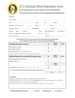 2012 Maryland Senior Olympics Individual Athlete Registration Form