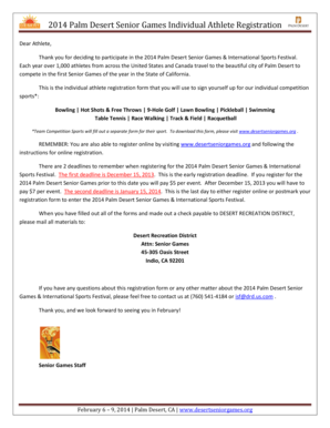 2014 Palm Desert Senior Games Individual Athlete Registration Form