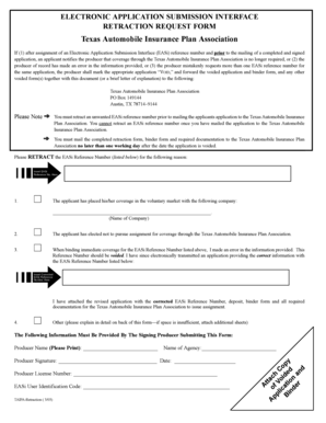 Texas Automobile Insurance Plan Retraction Request Form