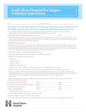 South Shore Hospital Pre Surgery Evaluation Instructions