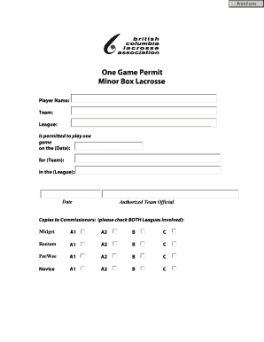 One Game Permit for Minor Box Lacrosse