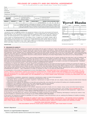 Ski Rental Agreement and Liability Release