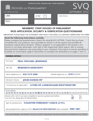 UK Parliamentary Pass Application Security Questionnaire
