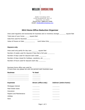 2012 Home Office Deduction Organizer