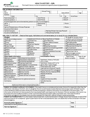 Girl Health History Form