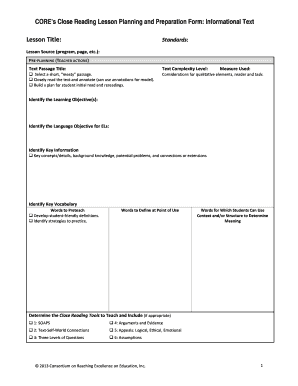 CORE Close Reading Lesson Planning Form