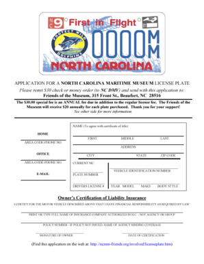 North Carolina Maritime Museum License Plate Application