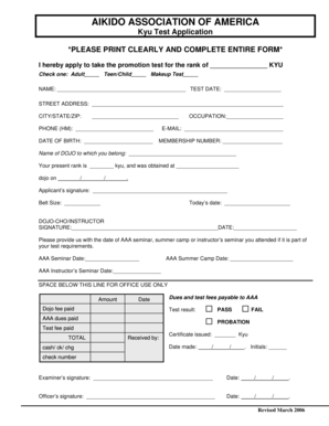 AIKIDO ASSOCIATION OF AMERICA Kyu Test Application