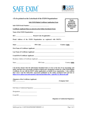 Safe EXIM Digital Certificate Application Form