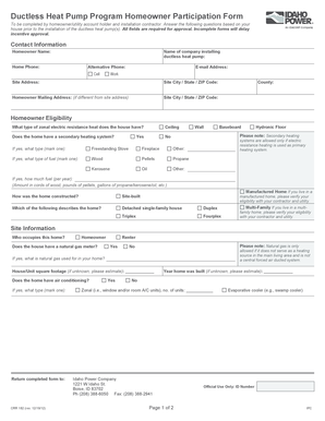 Idaho Ductless Heat Pump Program Homeowner Participation Form