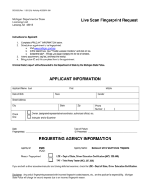 Michigan Live Scan Fingerprint Request Form