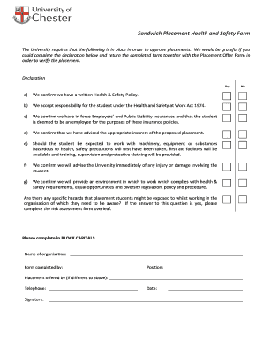Sandwich Placement Health and Safety Form