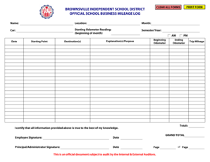 Brownsville Independent School District Business Mileage Log