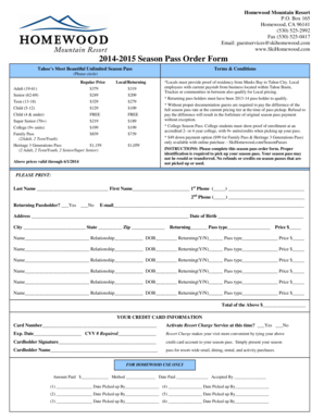 Homewood Mountain Resort Season Pass Order Form