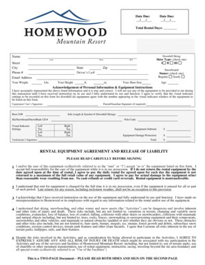 Homewood Ski Rental Agreement and Release of Liability