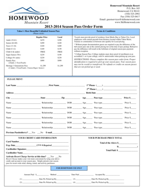 Homewood Mountain Resort Season Pass Order Form