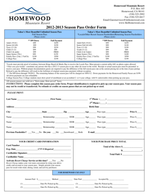 Homewood Mountain Resort Season Pass Order Form