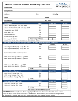 Homewood Mountain Resort Group Order Form