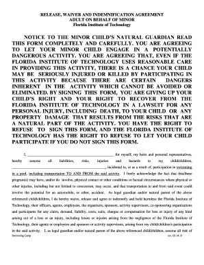Release Waiver Indemnification Agreement Florida Institute of Technology