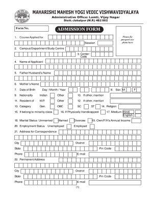 Maharishi Mahesh Yogi Vedic Vishwavidyalaya Admission Form