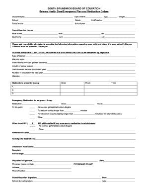 Seizure Health Care/Emergency Plan and Medication Orders