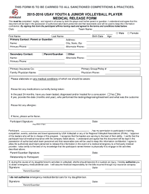 USAV Youth Junior Volleyball Player Medical Release Form