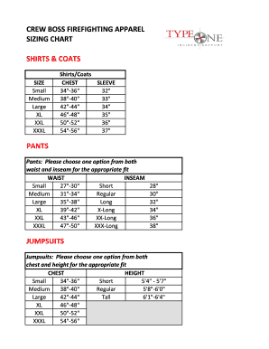 Firefighting Apparel Sizing Chart