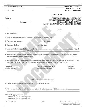 Minnesota Petition for Formal Summary Assignment or Distribution