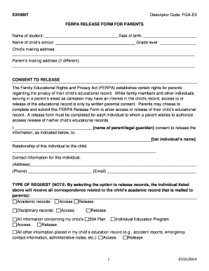 FERPA Release Form for Parents