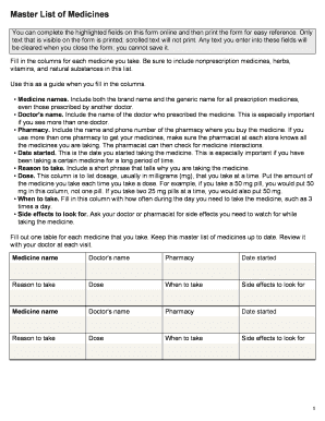 Master List of Medicines Form