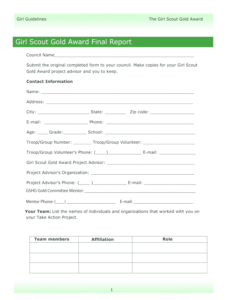 Fillable Online Girl Guidelines The Girl Scout Gold Award Girl Scout
