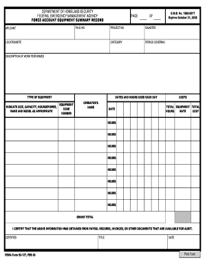 FEMA Form 90-127 Force Account Equipment Summary Record