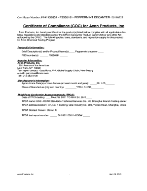 Certificate of Compliance for Avon Products
