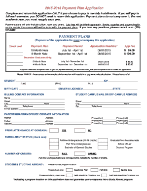 Gonzaga University Payment Plan Application