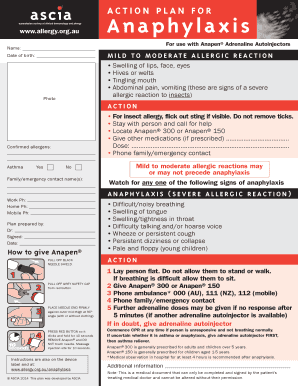 Anaphylaxis Action Plan for Anapen Adrenaline Autoinjectors