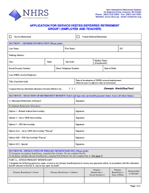 New Hampshire Retirement System Service/Vested Deferred Retirement Application
