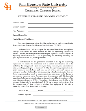 Sam Houston State University Internship Release and Indemnity Agreement