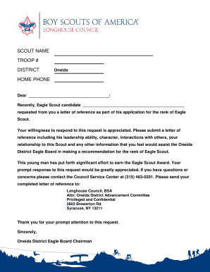 fillable online cnyscouts eagle letter of recommendation request eagle scout recommendation letter request