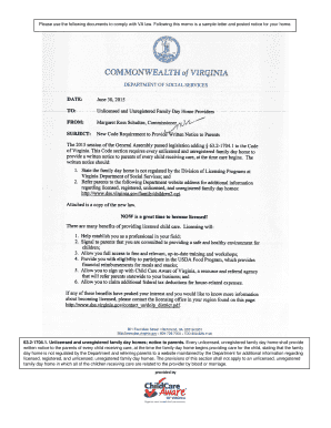 Virginia Unlicensed Child Care Notice