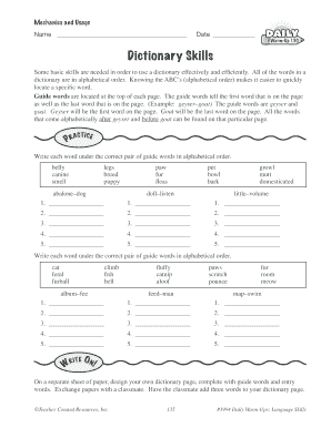 Dictionary Skills Worksheet