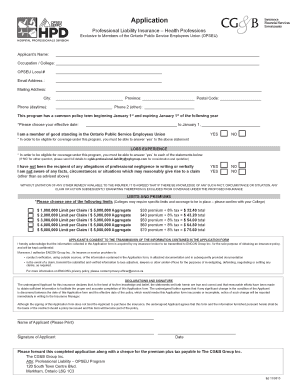 Professional Liability Insurance Application for OPSEU Health Professionals