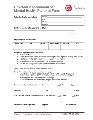 Mental Health Patient Physical Assessment Form